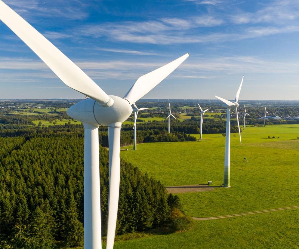 Wysokie białe turbiny wiatrowe na zielonych polach i lesie pod błękitnym niebem symbolizujące inwestycje w OZE. W tle widać zabudowania, ukazując kontekst rozwoju energetyki odnawialnej w Polsce, o czym przeczytasz na Super Biznes.