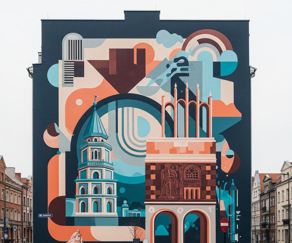 Centralną częścią obrazu jest wielobarwny mural pokrywający całą fasadę budynku, przedstawiający stylizowaną kompozycję architektoniczną w odcieniach niebieskiego, pomarańczowego, brązowego i beżu na ciemnoniebieskim tle. Po lewej stronie muralu dominuje wysoka, wielopoziomowa wieża z błękitnym dachem i licznymi łukowatymi oknami, obok której na dole widoczny jest fragment rzeźby lub figury. Po prawej stronie muralu znajduje się szeroki budynek z dwoma łukowatymi przejściami u podstawy, ozdobiony płaskorzeźbą z postaciami oraz stylizowanymi oknami, a ponad nim wznoszą się cztery smukłe elementy przypominające wieże lub świece. Tło muralu wypełniają abstrakcyjne kształty, półokręgi i linie w podobnej palecie barw, sugerujące chmury, tęcze i inne elementy architektoniczne lub krajobrazowe.

Po obu stronach budynku z muralem rozciągają się ulice z szeregiem niższych kamienic o tradycyjnej architekturze, z ceglanymi dachami i oknami, a na pierwszym planie widoczne są drzewa bez liści i elementy miejskiej infrastruktury, takie jak latarnia uliczna i znak drogowy zakazu wjazdu. Całość znajduje się pod jasnym, jednolitym niebem, które zajmuje górną część kadru.