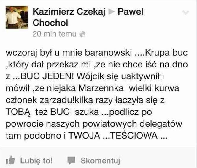 "Buc jeden", "wielki kur... członek zarządu" - wpadka Czekaja na Facebooku