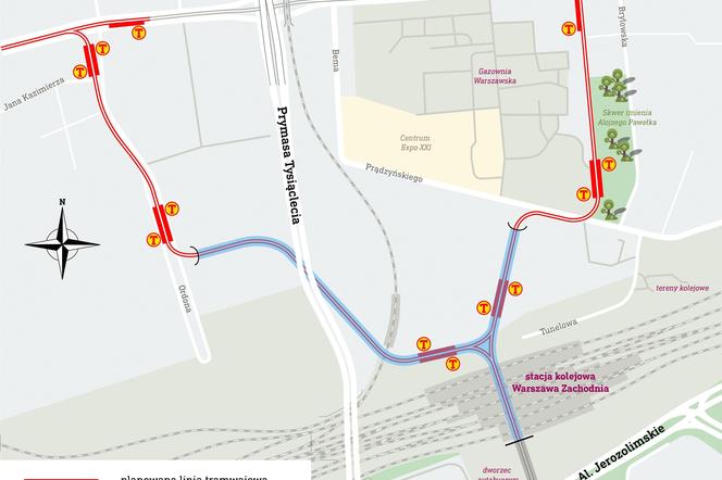 Tramwaj Kasprzaka – Dworzec Zachodni – mapa