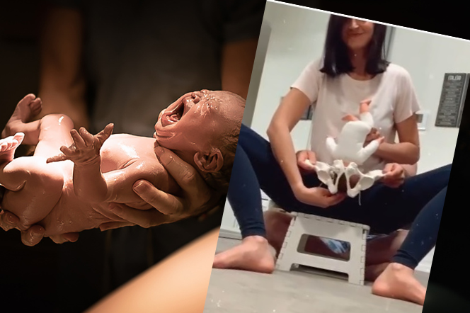 Położna pokazuje jak ułożyć nogi do porodu