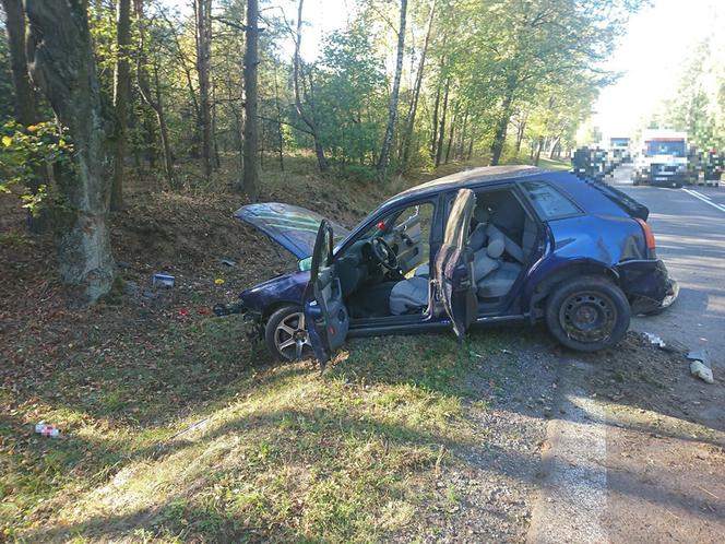 Wypadek na DK 8. Kierowca tyłem auta uderzył w drzewo. Dwie osoby w szpitalu