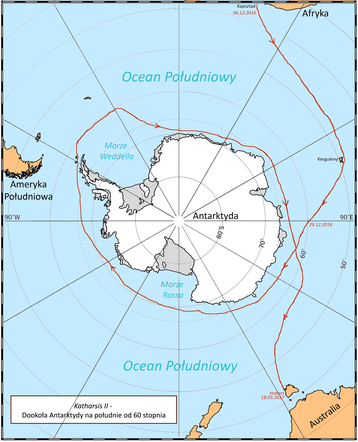 Mapa rejsu Katharsis II dookoła Antarktydy