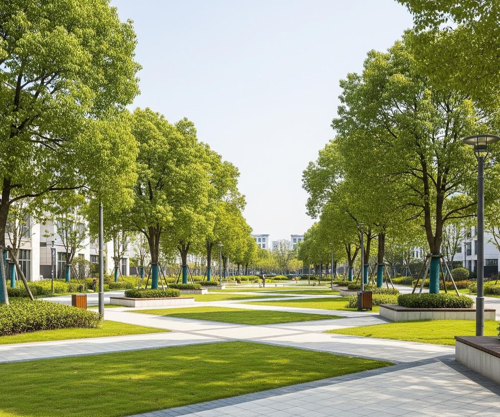 Szeroki, zielony park miejski z alejkami i rzędami drzew o soczyście zielonych liściach. Po obu stronach alei znajdują się nowoczesne, białe budynki z dużymi oknami, niektóre z nich posiadają szare lub czarne obramowania. Środek parku zajmują trawniki przedzielone betonowymi, jasnoszarymi ścieżkami ułożonymi w geometryczne wzory. Wzdłuż ścieżek rozmieszczono ławki z drewnianymi siedziskami oraz kosze na śmieci, a młodsze drzewa posiadają zielone osłony na pniach i drewniane podpory. Nad parkiem rozciąga się bezchmurne, jasne niebo.