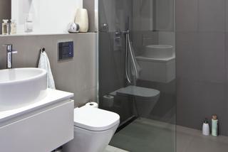 Udane projekty łazienek. Szara łazienka 4,6 m2: aranżacja pełna prostoty