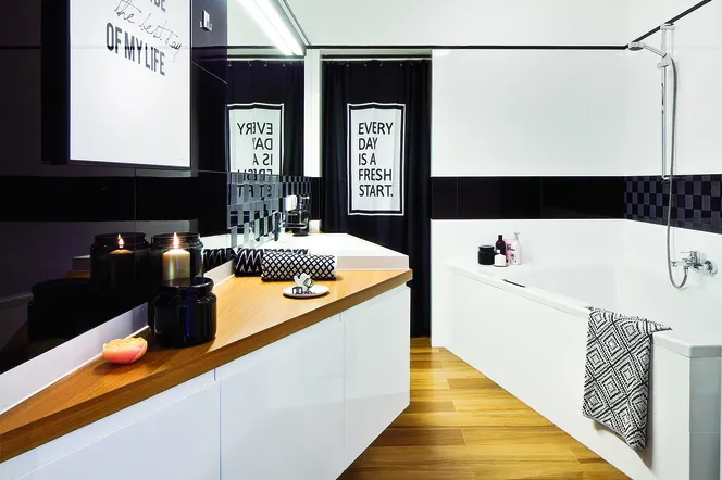 Czarno-biała łazienka pełna nietypowych kształtów. Spokój i harmonia wprowadzają relaks