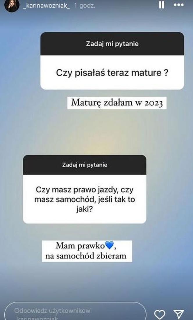 Karina Woźniak na Instagramie ujawnia czy zdała maturę i ma prawo jazdy