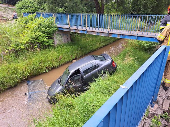 Osobowa skoda wpadła do potoku w Tarnowie. Kierowca zasnął za kierownicą