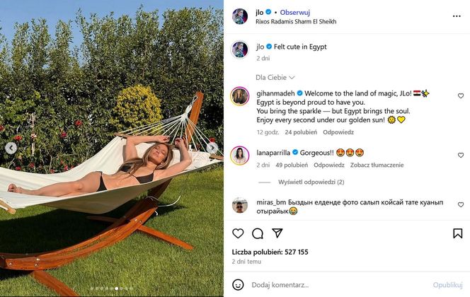 Wypoczywa w Egipcie po szaleństwach w Polsce! J. Lo wije się na hamaku