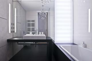 Nowoczesna łazienka w bieli i czerni. Plan eleganckiej łazienki 