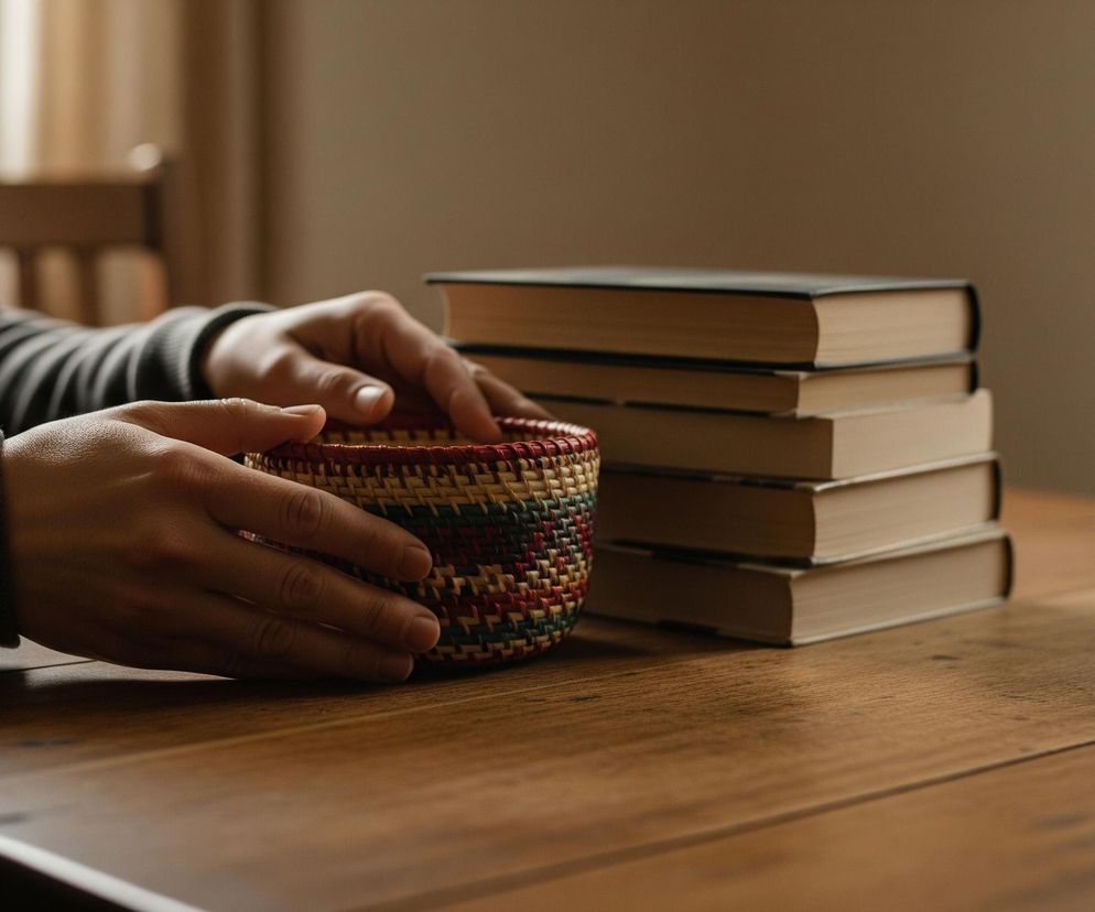 Dłoń w ciemnym swetrze układa wielokolorowy, pleciony koszyk na drewnianym stole. Koszyk ma wzory w kolorach czerwonym, zielonym, beżowym i czarnym. Na stole, po prawej stronie koszyka, leży ułożony w stos stos pięciu książek o jasnych kartkach i ciemnych okładkach. Tło jest rozmyte, ukazując fragment mebla i jasne światło wpadające zza okna.
