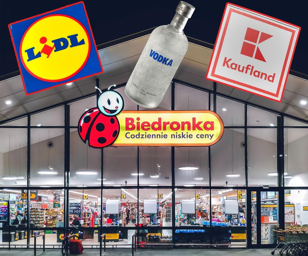 Lidl, Biedronka,, Kauflandl z butelką wódki