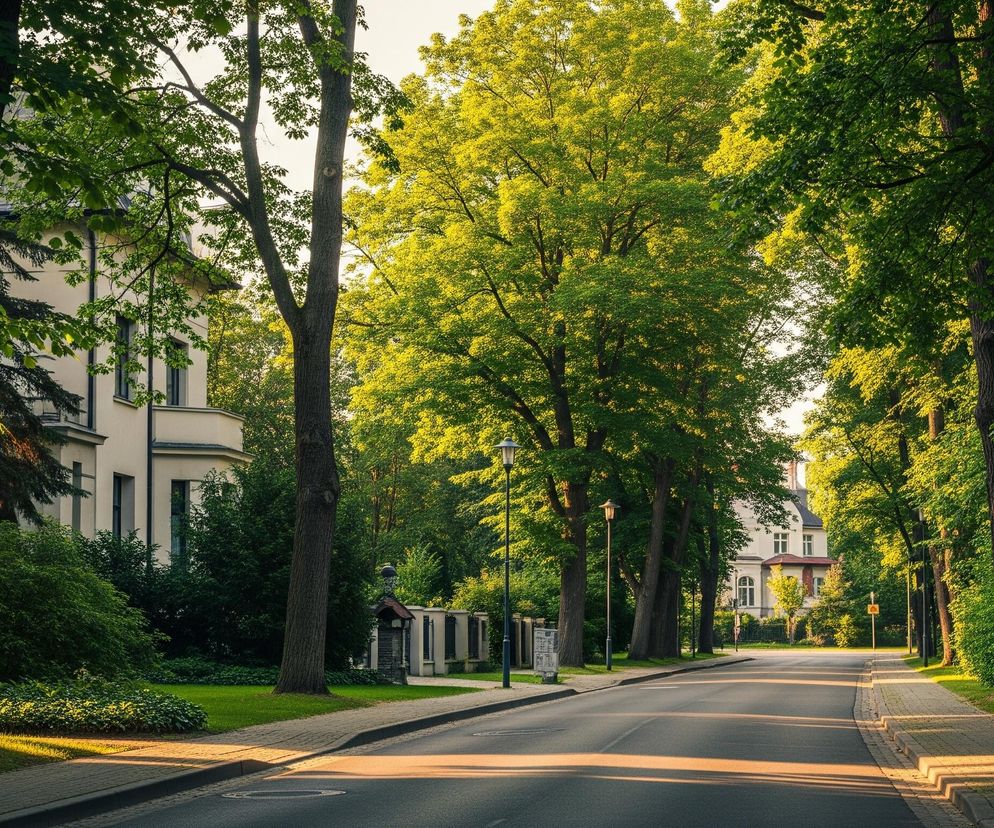 Asfaltowa droga biegnie przez środek kadru, otoczona chodnikami z kostki brukowej i zielonymi pasami trawników. Po obu stronach drogi rosną wysokie, zielone drzewa, tworząc aleję, a ich liście są częściowo oświetlone złotym światłem słońca. W tle widoczne są fragmenty jasnych budynków z oknami, niektóre z nich schowane za gęstą roślinnością. Na poboczu drogi stoją latarnie uliczne, a na horyzoncie niebo jest jasne.