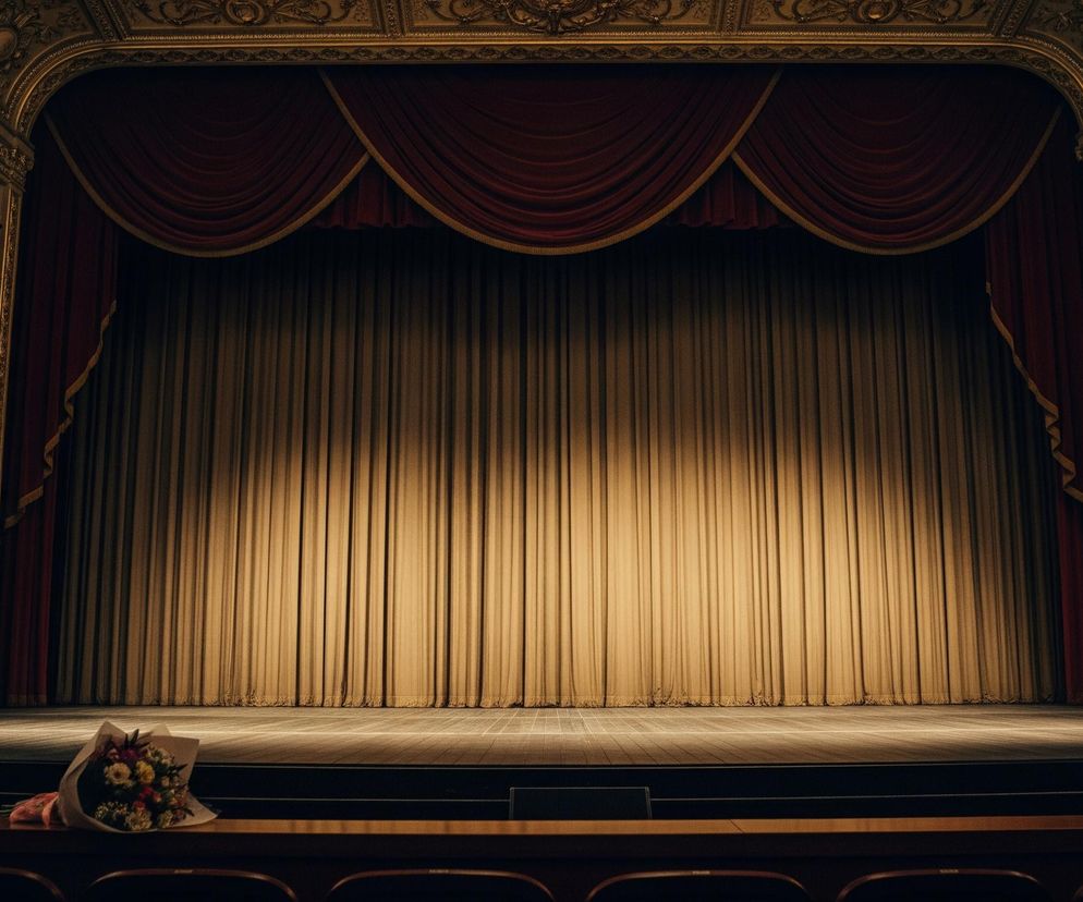 Widzimy wnętrze bogato zdobionego teatru z widokiem na scenę i loże. Centralnie znajduje się zasłonięta scena z beżowymi, pionowo ułożonymi kurtynami, oświetlonymi od góry, tworzącymi jaśniejszy pas w środku. Nad beżowymi kurtynami wiszą ciężkie, czerwone aksamitne zasłony, ułożone w dekoracyjne, pofalowane formy, z elementami złotej lamówki.

Po bokach sceny wznoszą się trzy piętra lóż, zdobionych w stylu barokowym, z bogatymi, złotymi ornamentami na białych balustradach i ścianach. W lożach po lewej stronie widoczne są świecące, kule świecące lampy, po dwie na każdej balustradzie, a także reflektory w wybranych otworach. Pod sceną, na pierwszym planie, widać ciemne fotele widowni i rząd czarnych schodów prowadzących na scenę. Na jednym z foteli, w lewym dolnym rogu, leży bukiet kolorowych kwiatów.