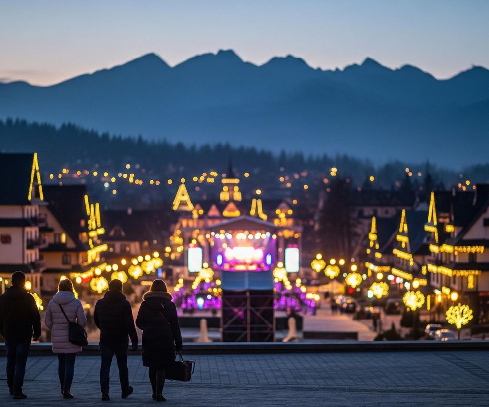 Cztery sylwetki ludzi, idących w prawą stronę, są widoczne na pierwszym planie, patrzą one na rozświetlone, górskie miasteczko. W tle, ciemne góry z zarysami lasów, oddzielają bladobłękitne niebo od zabudowań. Ulice miasteczka oraz domy są gęsto udekorowane ciepłymi, żółtymi i pomarańczowymi lampkami, a w centrum widać scenę z jaskrawymi, fioletowymi światłami. Cała scena jest skąpana w wieczornym, lekko zamglonym świetle, co tworzy świąteczny i uroczysty nastrój.