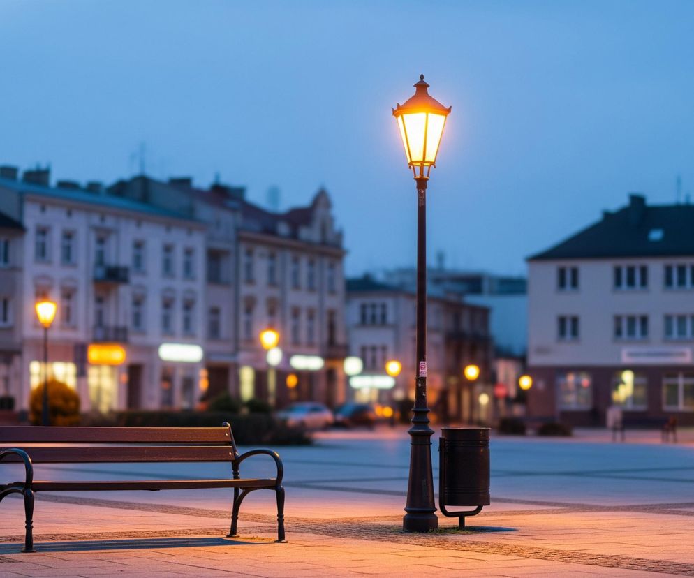 Centralnym punktem obrazu jest oświetlona latarnia uliczna o klasycznym, rzeźbionym postumencie i kloszu z ciepłym, żółtym światłem, stojąca na brukowanym placu miejskim. Obok latarni znajduje się ciemna, metalowa ławka z drewnianym siedziskiem oraz kosz na śmieci w tym samym stylu co latarnia. W tle rozciąga się pasmo budynków z oświetlonymi oknami i witrynami sklepowymi, a niebo ma odcień ciemnego błękitu, sugerując zmierzch lub świt.