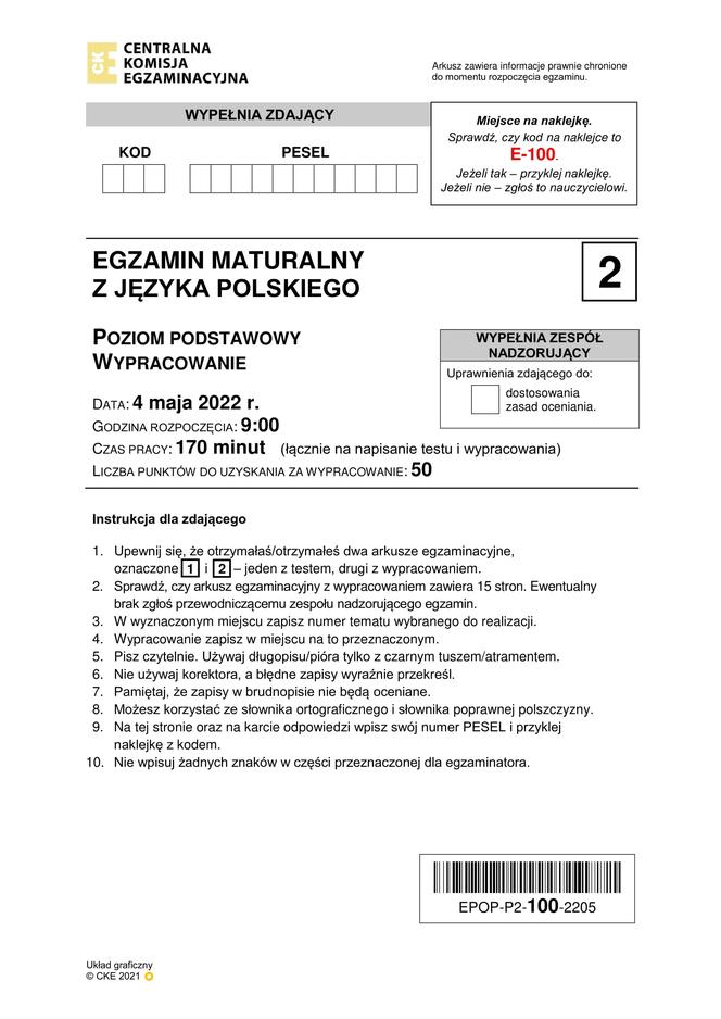 Matura 2022: polski. Arkusze odpowiedzi, pytania CKE. Poziom podstawowy 