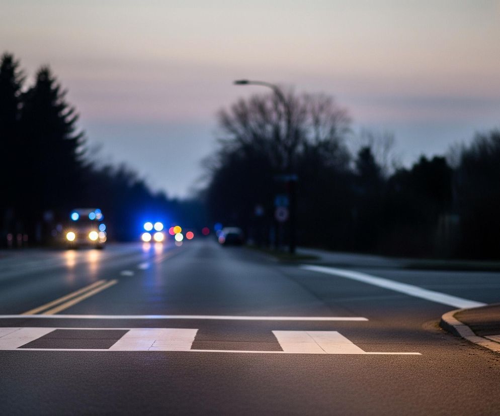 Uliczny widok przedstawia drogę asfaltową z przejściem dla pieszych na pierwszym planie. Po prawej stronie kadru znajduje się ciemna latarnia uliczna z jasnożółtym, świecącym kloszem, oświetlającym część chodnika i jezdni. W oddali, wzdłuż drogi, widać rozmyte światła samochodów: z przodu pojazdu dominują jasne, żółte reflektory i niebieskie światła alarmowe, a dalsze pojazdy mają również rozmyte, czerwone światła tylne. Horyzont jest rozświetlony przez blade odcienie różu i szarości, a po obu stronach drogi widać ciemne sylwetki drzew, głównie liściastych, z kilkoma iglastymi.