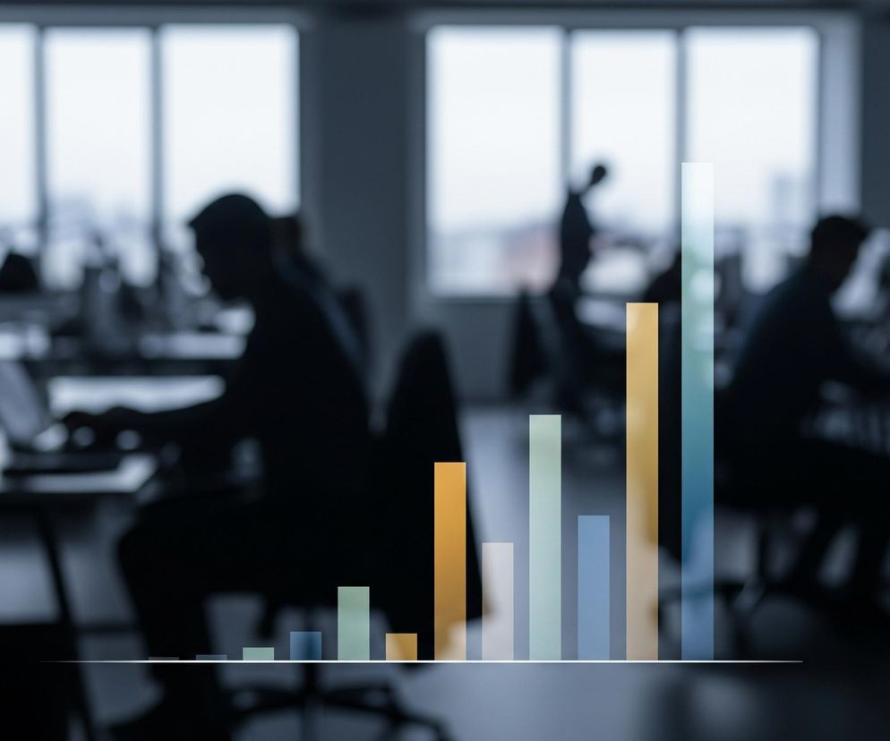 Na pierwszym planie, u dołu obrazu, widoczny jest wykres słupkowy z dziesięcioma pionowymi słupkami o różnej wysokości, w kolorach: pomarańczowym, jasnozielonym, jasnoniebieskim, szarym i białym, z kilkoma powtórzeniami tych barw. Słupki umieszczone są na cienkiej, białej linii poziomej. Tło stanowi rozmazany obraz wnętrza biura z sylwetkami osób i mebli. W tle widoczne są duże okna, przez które wpada jasne, rozproszone światło, tworząc kontrast z ciemnymi, niewyraźnymi sylwetkami pracowników siedzących przy biurkach i obsługujących komputery. Dominują odcienie szarości, bieli i granatu.