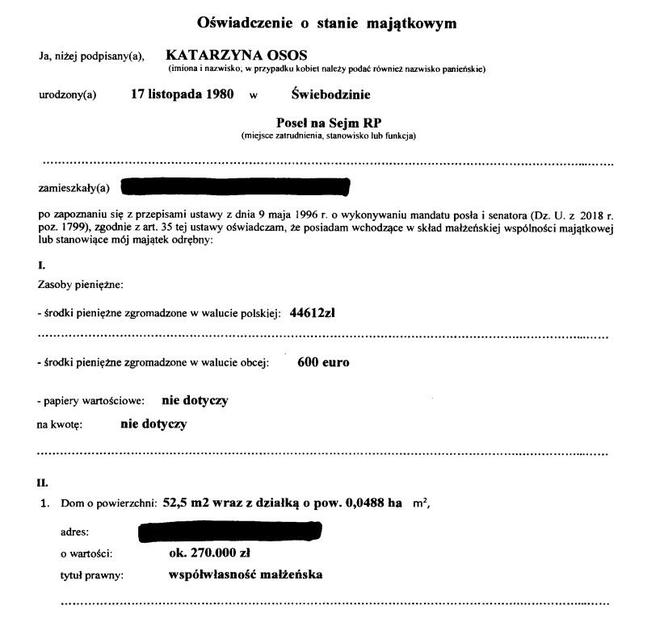 Fragment oświadczenia majątkowego