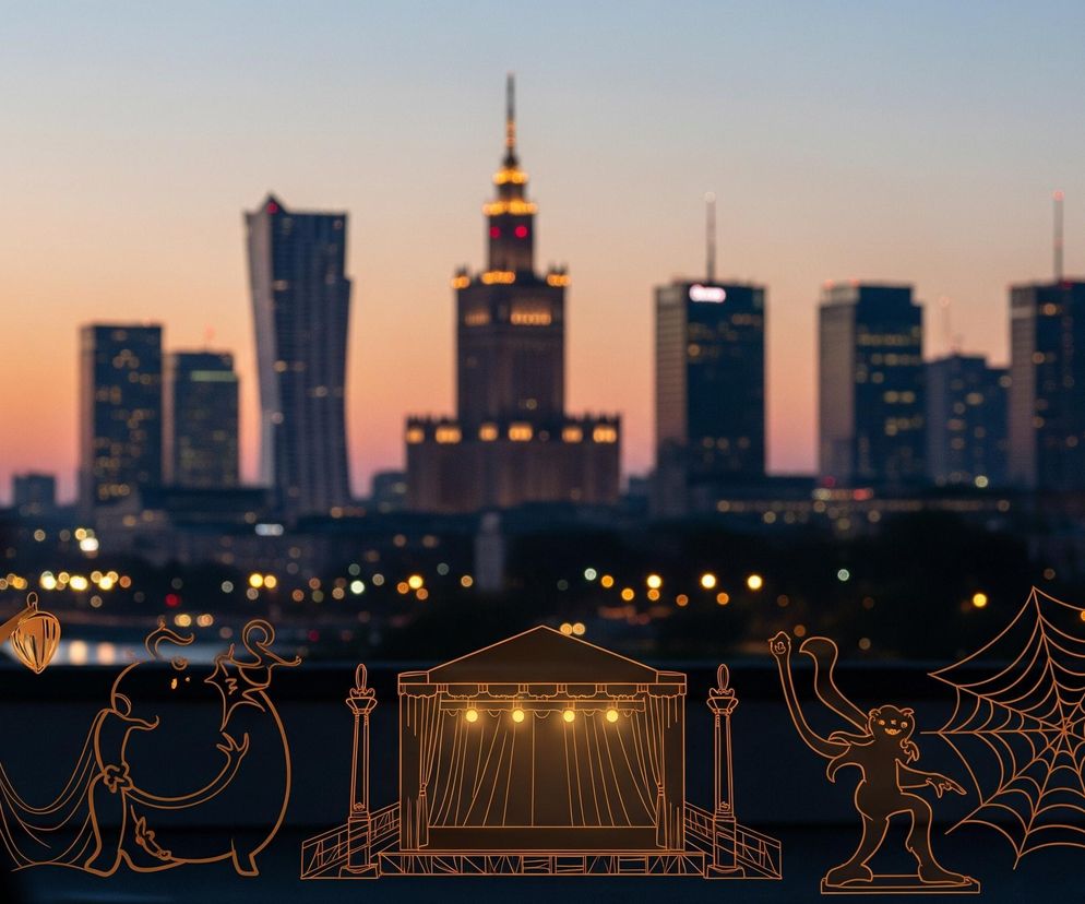 Sylwetkę biegnącej osoby z rozmazanym ruchem, umieszczoną po lewej stronie kadru, na tle niewyraźnego miejskiego krajobrazu o zachodzie słońca. Daleki horyzont wypełniają zamazane wieżowce z jasno oświetlonym Pałacem Kultury i Nauki, dominantą w centrum. Na pierwszym planie, u dołu obrazu, rozciąga się szereg pomarańczowych, kreskówkowych ilustracji, przedstawiających kolejno: znak TEATRO, stylizowane drzewa, scenę z reflektorami, dziwnego stwora, pajęczynę oraz rzeźbioną dynię z rozświetlonym wnętrzem, wszystko na ciemnym tle.
