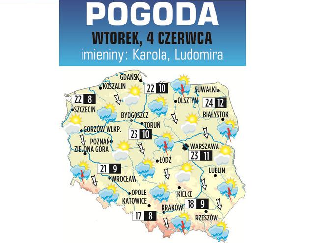 Prognoza pogody na wtorek, 4 czerwca 2013: Warszawa - 22, Katowice - 17, Wrocław - 21, Białystok - 24 