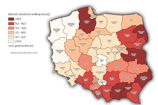 Ile ludzi chodzi do kościoła w województwie śląskim MAPY