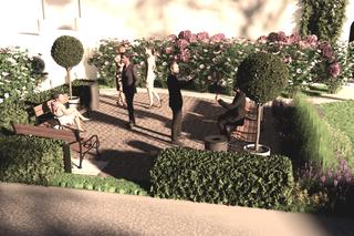 Wizualizacja placu wypoczynkowego przy wejściu do dolnej sali okolicznościowej