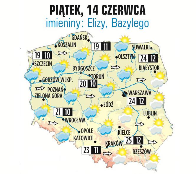 Prognoza pogody na piątek, 14 czerwca 2013: Warszawa – 24, Poznań - 21, Katowice – 23, Gdańsk - 19