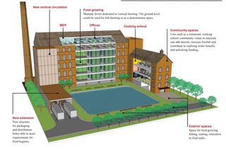 Ilustracyjny widok nieczynnego młyna, w którym uprawa żywności działa jako katalizator rewitalizacji i stanowi kluczowy element eksponowania dziedzictwa budynku.