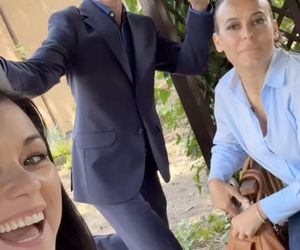 M jak miłość. Kinga (Katarzyna Cichopek), Magda (Anna Mucha), Andrzej Budzyński (Krystian Wieczorek) na planie