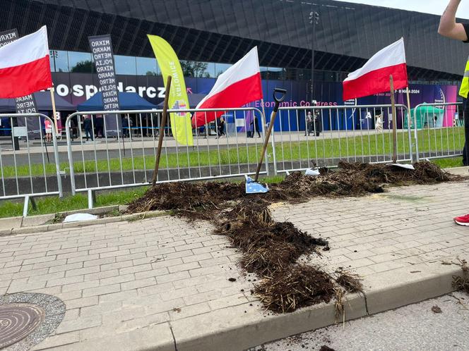 Rolnicy wjechali z gnojem na Europejski Kongres Gospodarczy w Katowicach. Protest przeciwko Zielonemu Ładowi