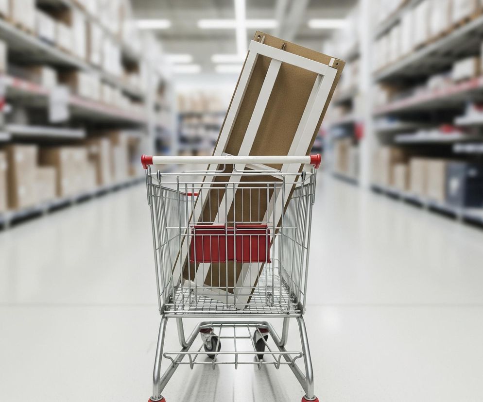 Centralnym punktem obrazu jest srebrny metalowy wózek na zakupy z czerwonymi plastikowymi elementami, ustawiony przodem do widza. W wózku znajduje się duży, płaski przedmiot o beżowej powierzchni i białych ramach po bokach, ułożony ukośnie, oraz mniejszy, czerwony pojemnik. Wózek stoi na jasnej, odbijającej światło podłodze, prawdopodobnie w supermarkecie lub magazynie. Tło jest rozmyte, ukazując długie rzędy półek z kartonowymi pudłami po obu stronach wózka, rozciągające się w dal.