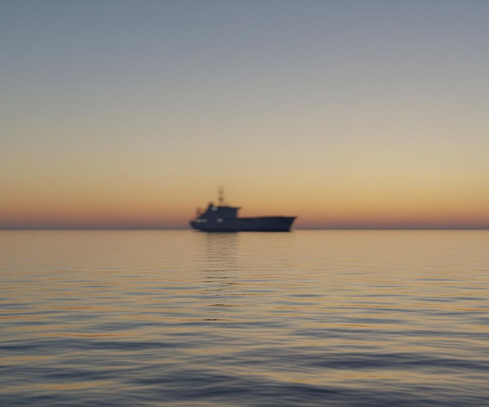 Morze o spokojnej tafli, delikatnie pofalowanej, w barwach złota i błękitu. Na horyzoncie, w centralnej części, znajduje się rozmyta sylwetka statku, będąca ciemną plamą na tle jaśniejącego nieba. Niebo przechodzi od błękitu w górnej części, przez szarość, do ciepłych odcieni pomarańczu i złota tuż nad linią horyzontu.