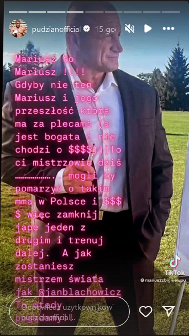 Wpis Mariusza Pudzianowskiego na Instagramie