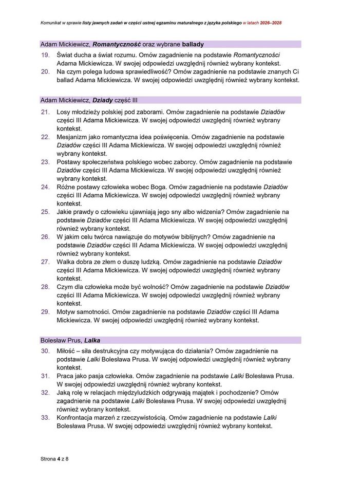 Pytania jawne na maturę ustną z języka polskiego 2026. CKE podała listę