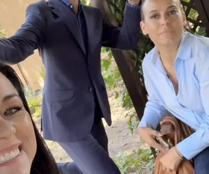 M jak miłość. Kinga (Katarzyna Cichopek), Magda (Anna Mucha), Andrzej Budzyński (Krystian Wieczorek) na planie