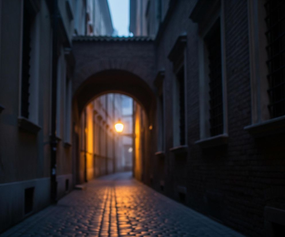 Wąską, brukowaną uliczkę o zmierzchu lub w nocy. Głównym punktem centralnym jest łukowate przejście prowadzące dalej w głąb ulicy, a w oddali widać pojedynczą, jasno świecącą lampę uliczną, której pomarańczowe światło odbija się na mokrym bruku. Po obu stronach ulicy wznoszą się ciemne fasady budynków z oknami, niektóre ceglane, inne otynkowane. Całość jest utrzymana w ciemnych, chłodnych barwach, z wyjątkiem ciepłego blasku lampy.
