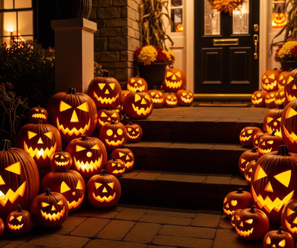 Przedstawione są liczne dynie Jack-o'-lantern, oświetlone od wewnątrz ciepłym, pomarańczowym światłem, rozmieszczone na schodach i chodniku przed domem. Większość dyń ma wycięte trójkątne oczy i zębate uśmiechy, tworząc przerażające lub zabawne miny. Niektóre dynie są większe i bardziej szczegółowe, inne mniejsze, wszystkie jednak emitują jasne światło, rozświetlając otoczenie. W tle widoczny jest dom z ceglaną ścianą, ciemnymi drzwiami z ozdobnymi szybami i oknami, przez które również widać ciepłe światło.