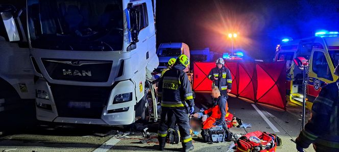 Śmiertelny wypadek na S8 pod Wieruszowem. Mężczyzna zginął w zderzeniu dwóch tirów [ZDJĘCIA].