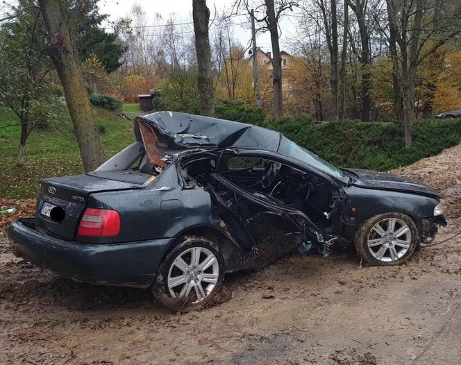 Libusza. Osobówka wypadła jezdni prosto na drzewo! W środku dwie zakleszczone osoby