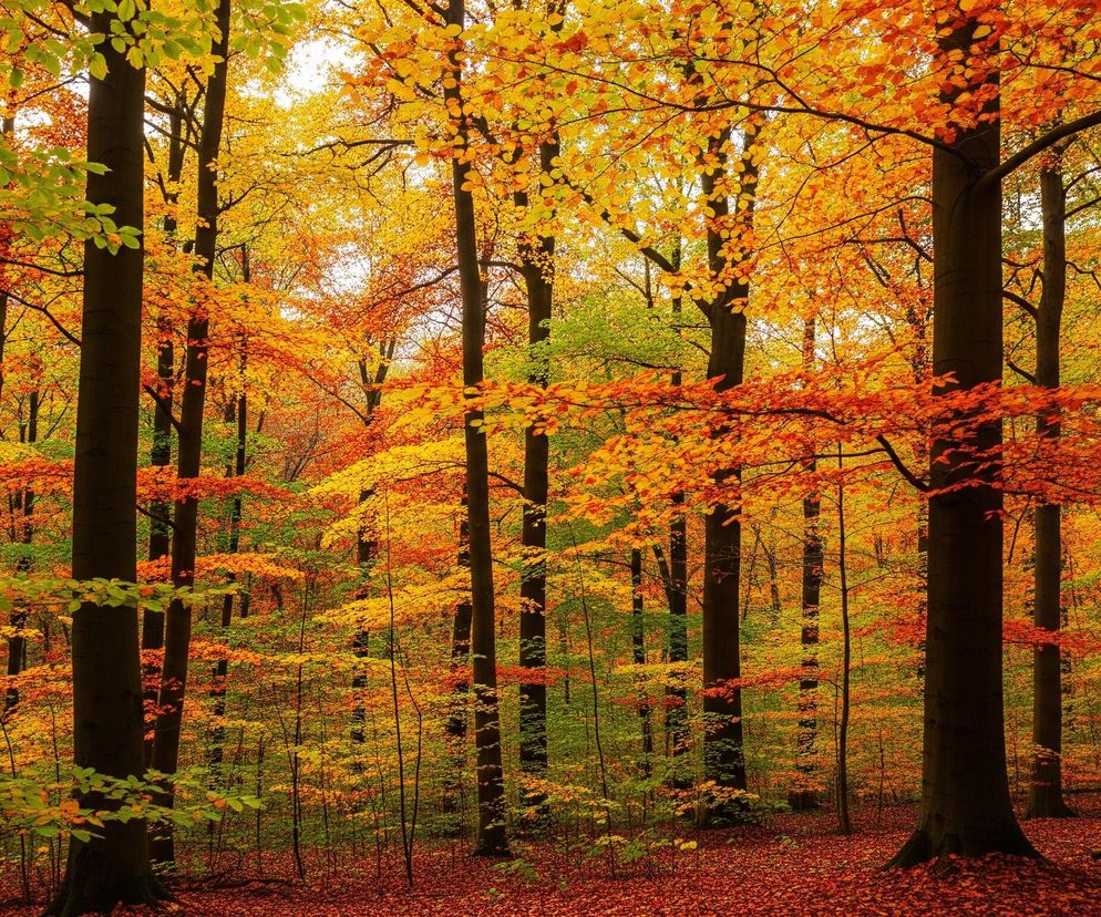 Las w jesiennych barwach. Dominują wysokie, smukłe pnie drzew w ciemnych odcieniach brązu, z których wyrastają gałęzie pokryte liśćmi o intensywnych kolorach. Liście na drzewach przyjmują odcienie zieleni, żółci, pomarańczy i czerwieni, tworząc bogatą paletę barw, gdzie żółty i pomarańczowy są najbardziej widoczne. Runo leśne jest gęsto pokryte opadłymi, rdzawoczerwonymi liśćmi, tworzącymi jednolity dywan. Światło przedziera się przez korony drzew, rozświetlając niektóre partie listowia.
