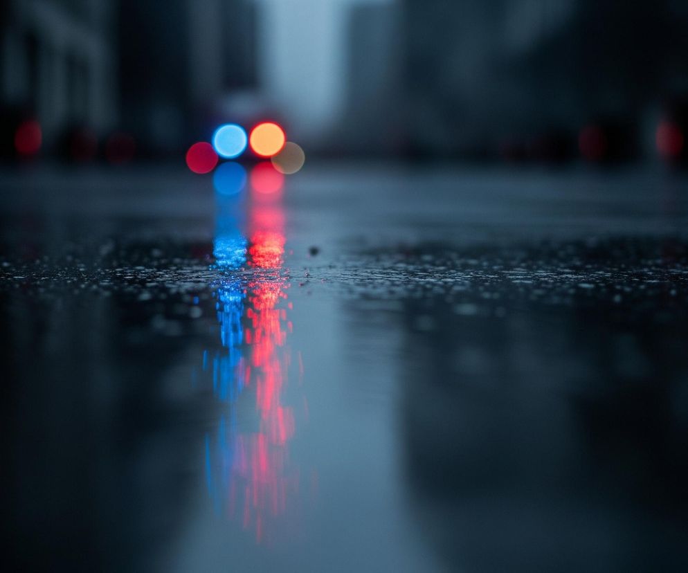 Mokrą, ciemną nawierzchnię ulicy lub drogi z rozmyśnionymi kroplami wody w pierwszym planie. W tle znajdują się rozmyte światła w kształcie okręgów, głównie w odcieniach czerwieni, błękitu i pomarańczy. Światła te odbijają się w kałużach na powierzchni drogi, tworząc wydłużone, pionowe smugi, szczególnie intensywne w centrum obrazu, gdzie dominują jaskrawe odbicia niebieskich i czerwonych świateł. Całość utrzymana jest w chłodnej tonacji kolorystycznej, sugerującej nocną lub pochmurną atmosferę.