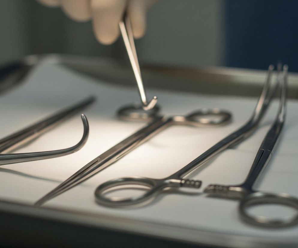 Na pierwszym planie, w centrum kadru, znajduje się metalowa taca ze sterylnymi narzędziami chirurgicznymi, ułożonymi na białej serwecie. Widoczne są cztery podłużne narzędzia ze srebrnego metalu, przypominające nożyczki lub kleszcze, z charakterystycznymi otworami na palce. Jedno narzędzie jest podnoszone przez dłoń w beżowej rękawiczce, znajdującą się w górnej części obrazu. Całość oświetlona jest jasnym, punktowym światłem, tworzącym wyraźne cienie i refleksy na metalowych powierzchniach. Tło jest rozmyte, w odcieniach szarości i niebieskiego.