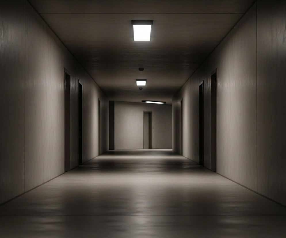 Długi, ciemny korytarz rozciąga się w głąb obrazu, znikając w mroku. Na suficie regularnie rozmieszczone są prostokątne lampy, z których najbliższe świecą jasnym, białym światłem, rozjaśniając podłogę i ściany. Wzdłuż bocznych ścian widać liczne, proste, ciemne drzwi, powtarzające się w regularnych odstępach. Ściany pokryte są teksturą przypominającą subtelne pionowe paski lub słoje drewna, z dodatkowymi jaśniejszymi smugami w górnych częściach, które mogą być odbiciami światła.