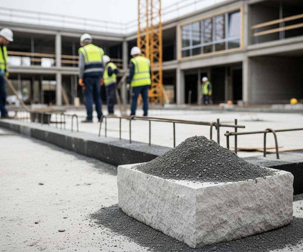 Na pierwszym planie, z prawej strony, znajduje się kamienny blok o szorstkiej teksturze, na którym usypano stożkowatą kupkę ciemnoszarego, drobnego kruszywa, rozsypanego również wokół podstawy. Za nim widać betonową wylewkę z wystającymi prętami zbrojeniowymi, tworzącymi kształt prostokąta. W tle, rozmyte, widocznych jest kilku robotników w białych kaskach i jaskrawożółtych kamizelkach, stojących na placu budowy. Dalej, za robotnikami, znajduje się nieukończona betonowa konstrukcja budynku z dużymi otworami okiennymi i fragmentem żółtego żurawia budowlanego.