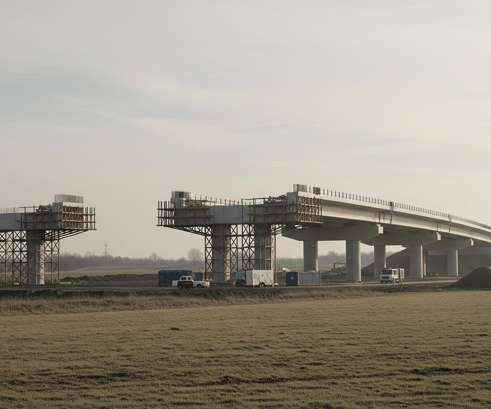 Na pierwszym planie rozciąga się zielono-brązowe pole, pokryte niską roślinnością. Dalej, w centrum obrazu, widać dużą budowę wiaduktu, składającą się z dwóch oddzielnych sekcji. Lewa sekcja to betonowa konstrukcja wsparta na rusztowaniach w kształcie kratownicy, z widocznymi prętami zbrojeniowymi wystającymi z górnej części. Prawa sekcja to dłuższy, częściowo ukończony wiadukt o betonowej nawierzchni wspartej na masywnych słupach, również z elementami rusztowań i zbrojenia. Pod wiaduktem znajdują się kontenery budowlane, ciężarówka i pick-up na ubitej ziemi, a w tle widać linię drzew i słupy energetyczne na horyzoncie pod jasnym, zamglonym niebem.