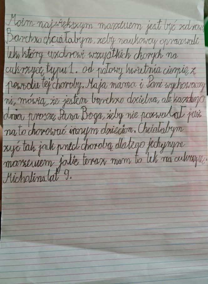 Oto list Michalinki przysłany w akcji Dziecięce Marzenie 2021