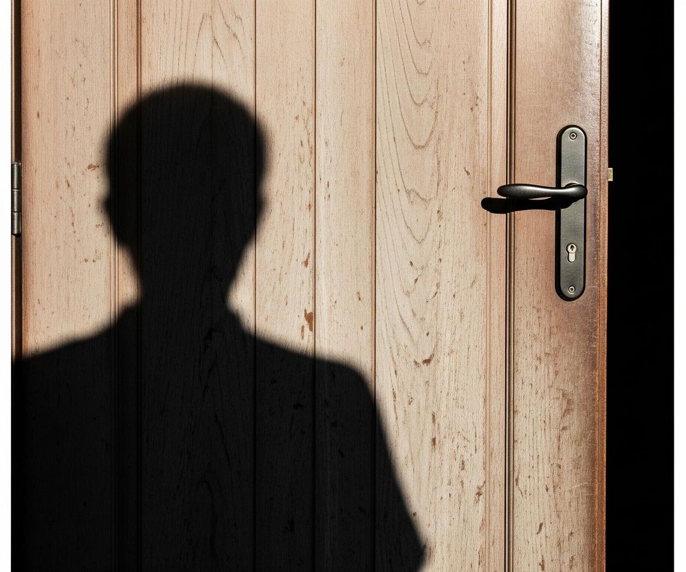 Ciemny cień postaci ludzkiej widać na drewnianych drzwiach, dominując lewą stronę kadru. Drzwi mają jasnobrązowy kolor, składają się z pionowych desek i posiadają czarną klamkę z mechanizmem zamka po prawej stronie. Tło po lewej i prawej stronie drzwi jest czysto białe.