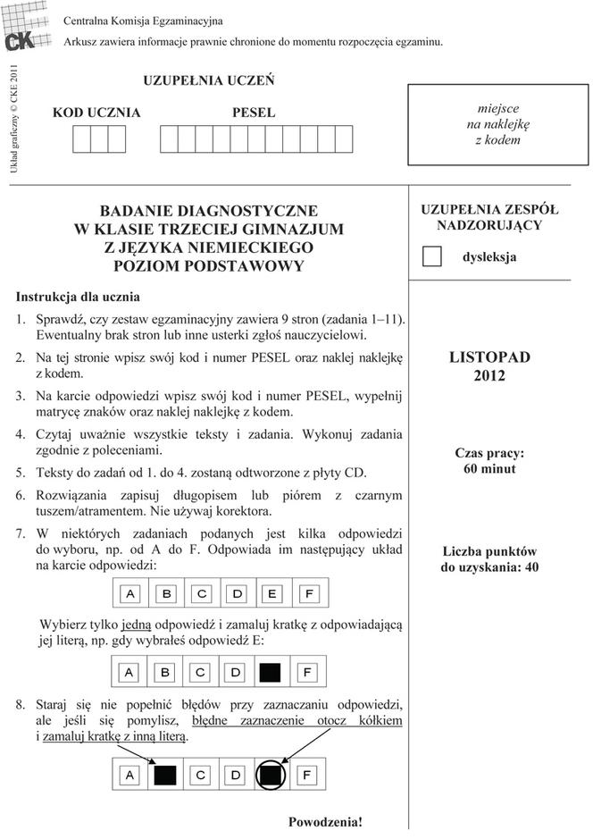 Próbny egzamin gimnazjalny 2013 - język niemiecki poziom podstawowy
